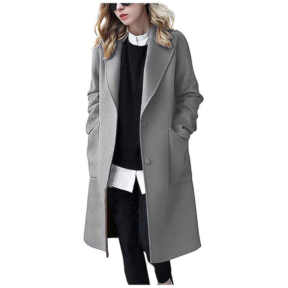 Women's Winter Casual Single Breasted Long Wool Coat Grey